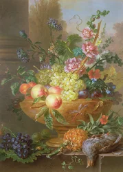 Naturaleza muerta de frutas y flores